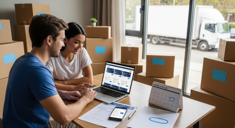 Couple comparing moving quotes online with packed boxes in living room