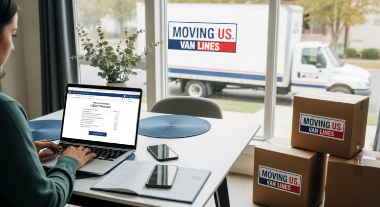 Customer verifying a mover’s USDOT number online while planning a household move