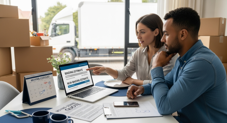 Couple comparing binding and non-binding moving estimates on a laptop beside moving boxes