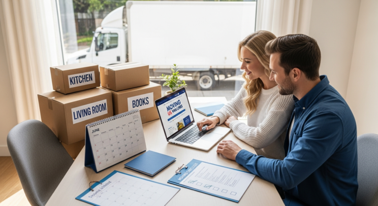 Couple comparing local and long-distance moving costs on a laptop beside packed boxes