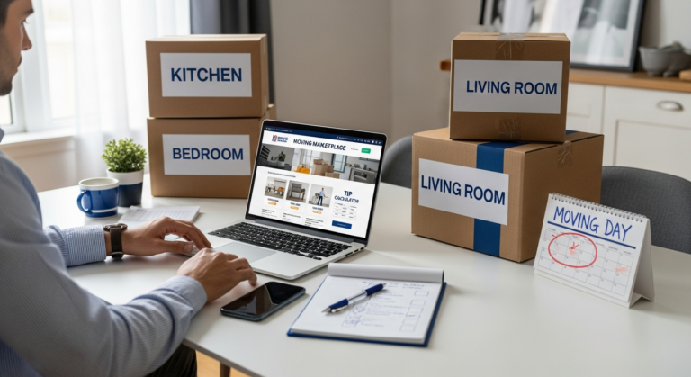 Customer reviewing moving quotes and planning how much to tip movers on a laptop next to packed boxes