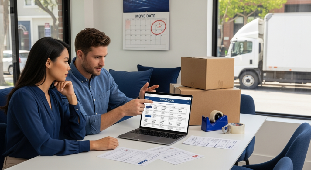 Couple comparing interstate moving quotes on a laptop with boxes packed nearby