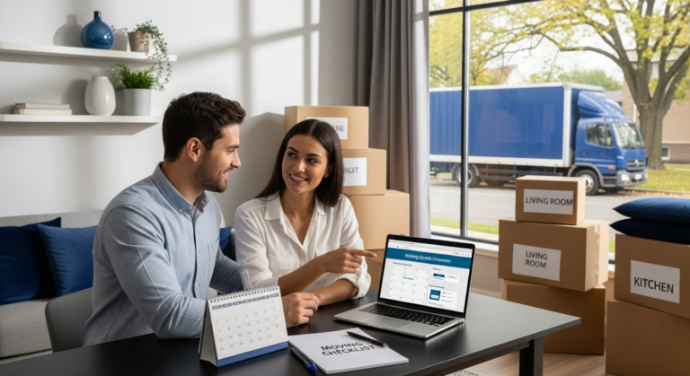 Couple reviewing long-distance moving timelines and quotes on a laptop with packed boxes nearby