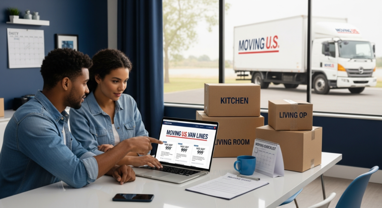Couple comparing cross country moving quotes on laptop surrounded by packed boxes