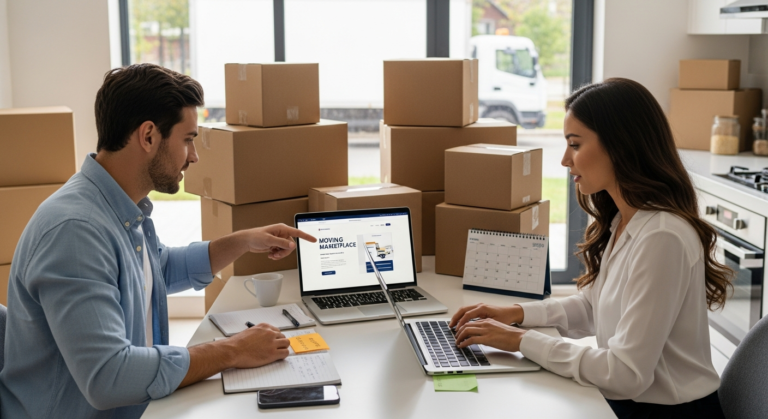 Couple updating change-of-address details while comparing moving quotes on a laptop surrounded by moving boxes