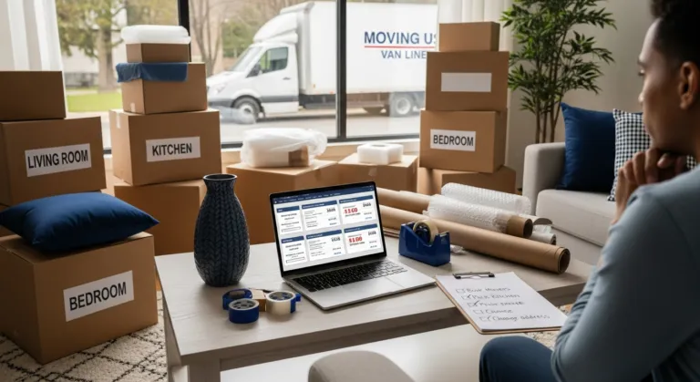 Homeowner comparing moving quotes on a laptop while packing boxes in a living room