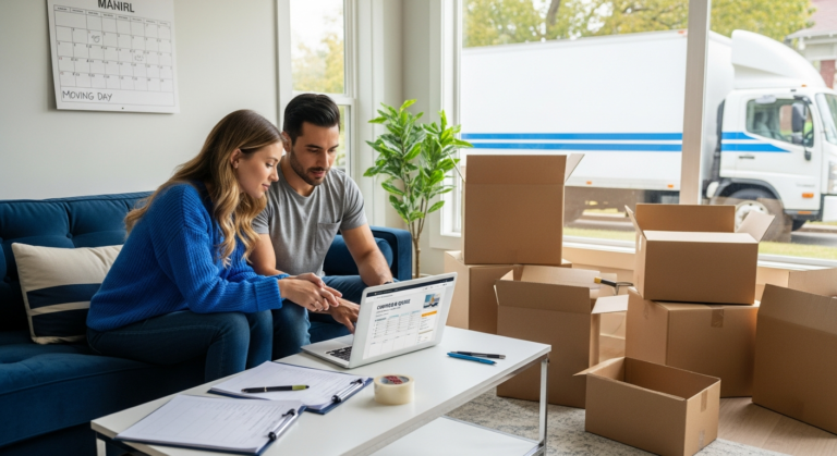 Couple estimating how many moving boxes they need while comparing movers online