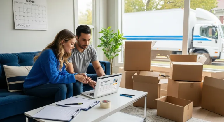 Couple estimating how many moving boxes they need while comparing movers online