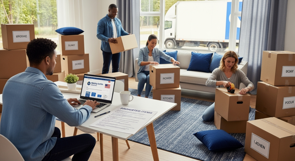 Family comparing moving quotes and reviewing a list of items movers will not move