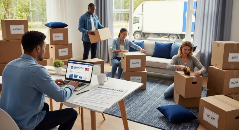 Family comparing moving quotes and reviewing a list of items movers will not move
