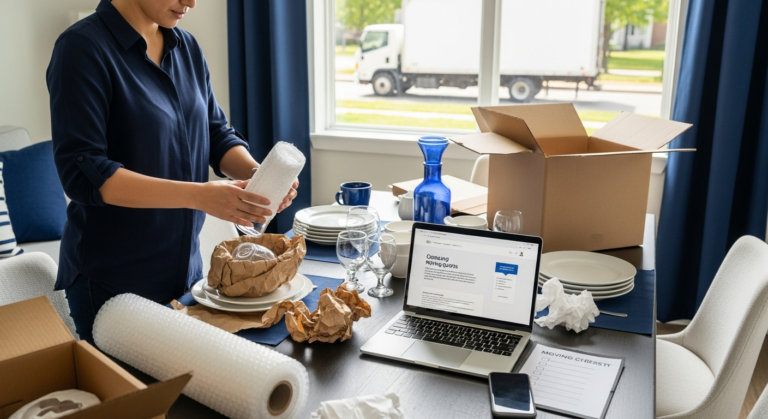Person wrapping glassware for moving next to laptop comparing moving quotes