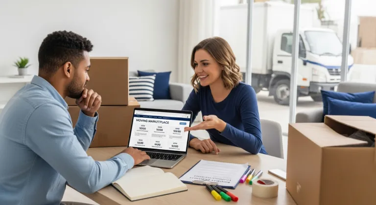 Couple comparing professional packing services quotes while packing boxes at home