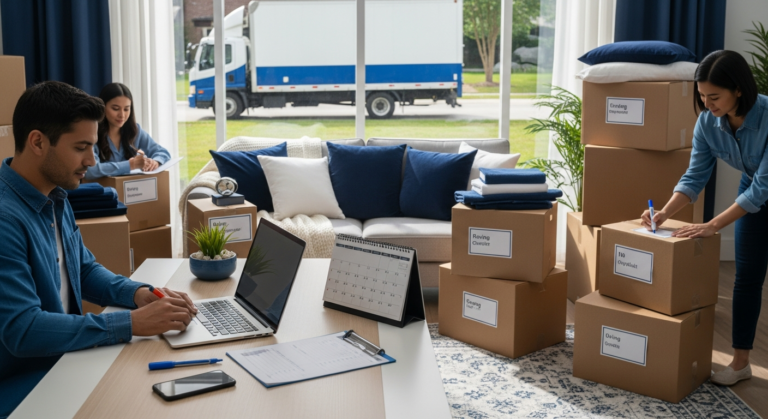 Customer comparing moving quotes on a laptop surrounded by packed boxes and a moving checklist