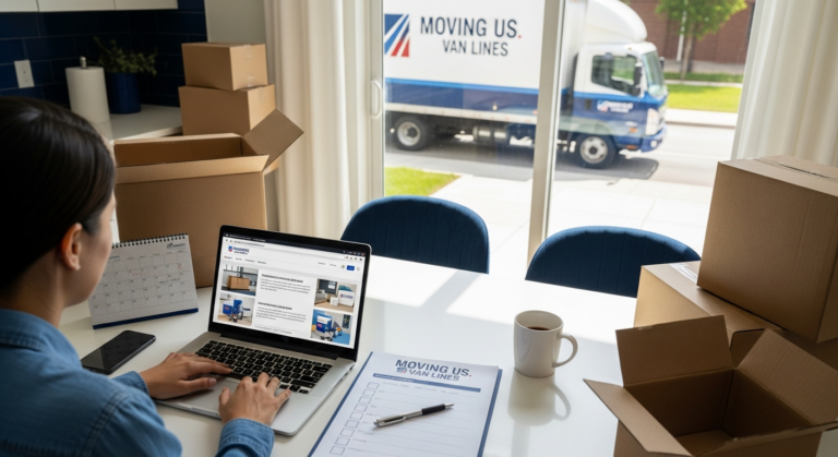 Customer comparing moving company quotes on a laptop with packed boxes nearby