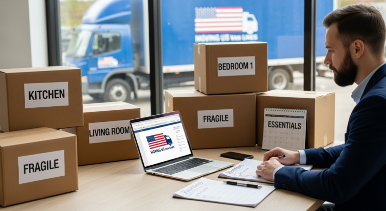 Homeowner comparing moving quotes online with packed boxes nearby