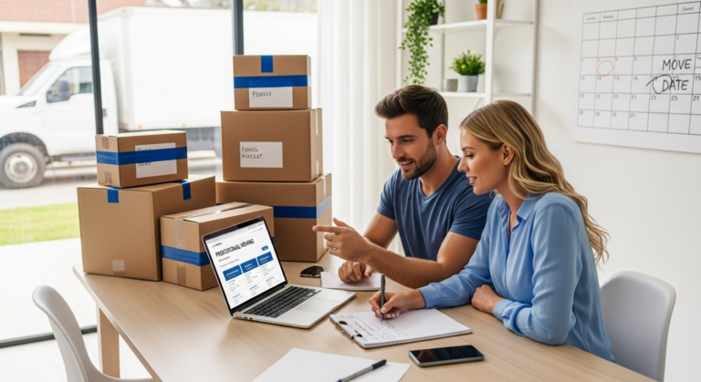 Couple comparing moving quotes online before moving to a cheaper state