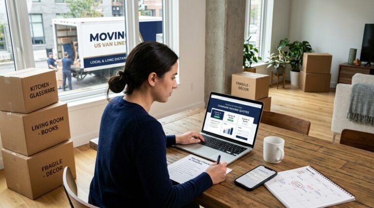 Renter comparing moving quotes on a laptop surrounded by moving boxes and a checklist