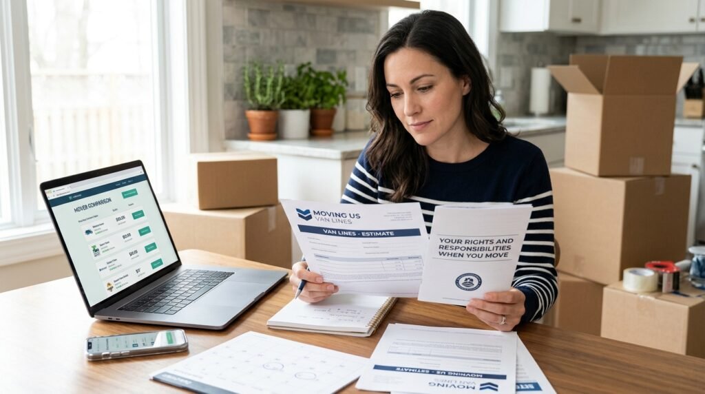 Customer reviewing FMCSA moving rights while comparing movers online at home