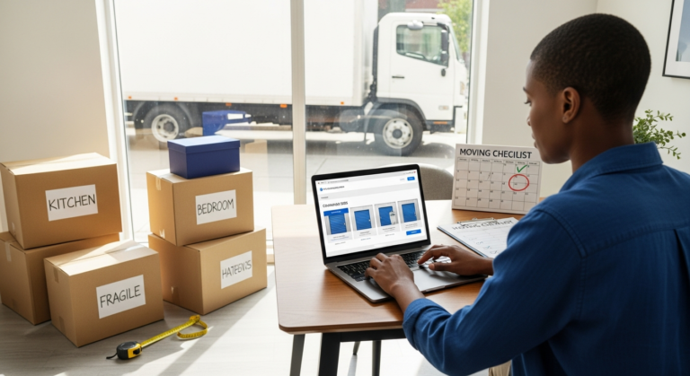 Person comparing storage unit sizes on a laptop next to packed moving boxes