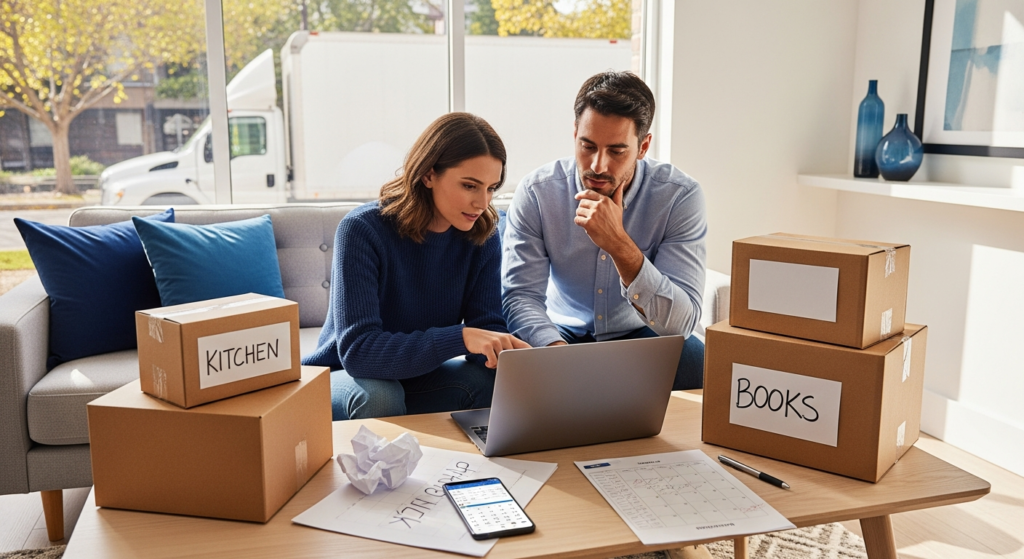 Couple comparing cross country moving company quotes on a laptop with packed boxes nearby