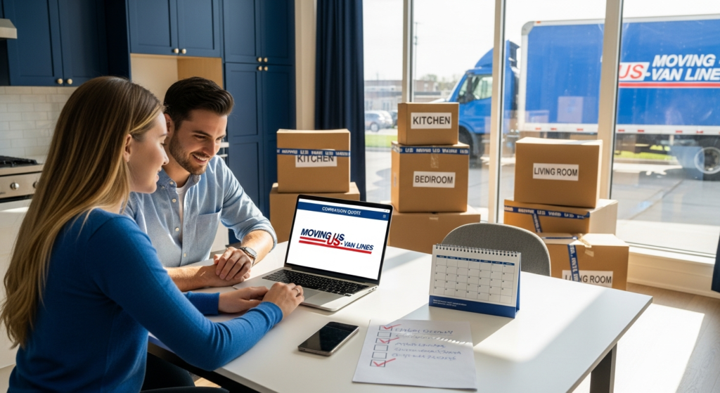 Couple comparing moving and storage quotes on a laptop with packed boxes nearby
