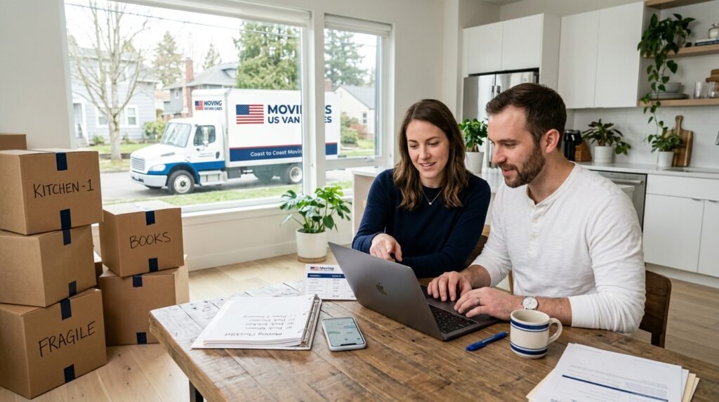 Couple comparing moving company quotes on a laptop with boxes packed around them