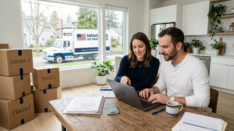 Couple comparing moving company quotes on a laptop with boxes packed around them