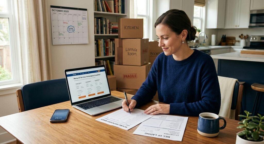 Customer reviewing a moving bill of lading and inventory sheet next to a laptop with moving quotes