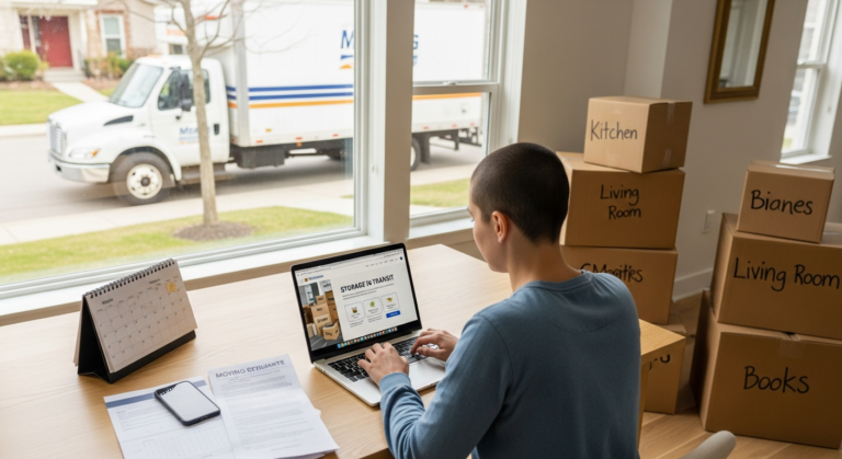 Customer comparing storage in transit options on a laptop next to moving boxes