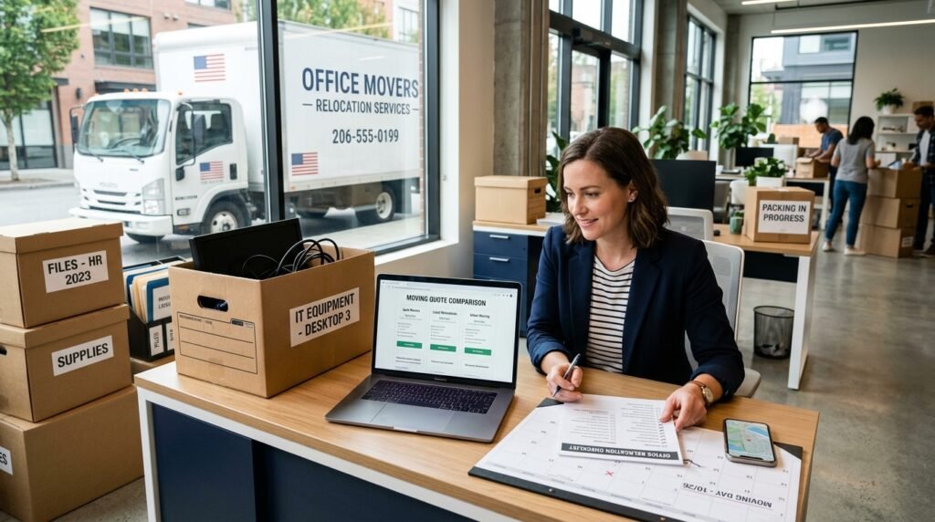 Business manager reviewing an office relocation checklist and moving quotes in a packed office
