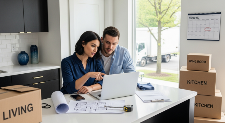 Couple in an apartment comparing moving quotes on a laptop with packed boxes nearby