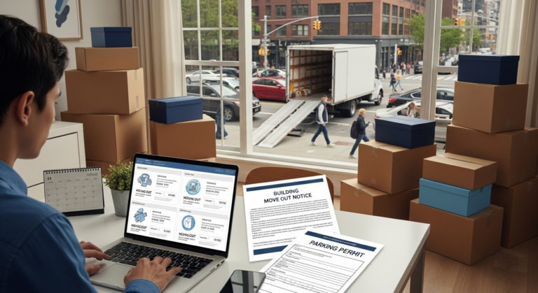 Person planning a big city move with permits, parking and moving quotes on a laptop in an apartment