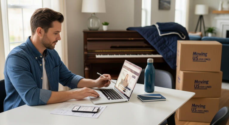 Homeowner comparing piano moving quotes on a laptop with packed boxes and a piano nearby