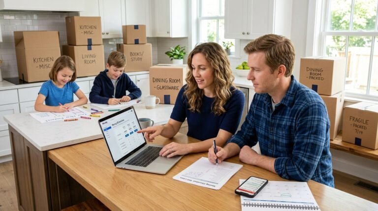 Parents comparing moving quotes online while children sit among packed boxes