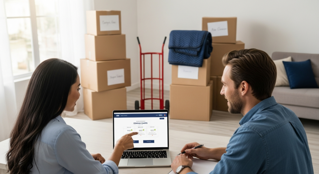 Couple comparing moving quotes online surrounded by packed boxes and furniture
