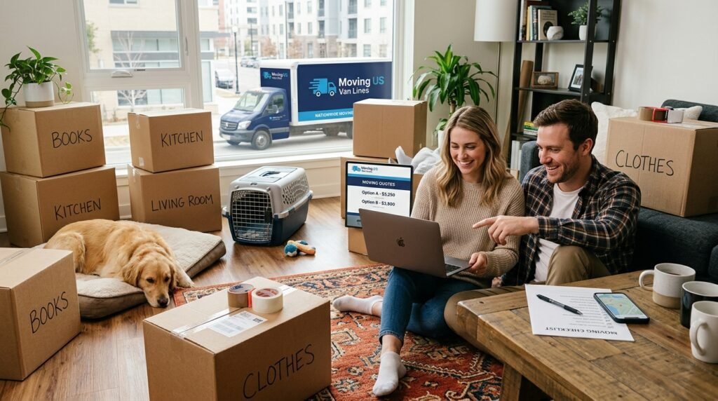 Couple planning a move with their dog and cat while comparing moving quotes on a laptop.