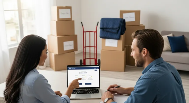 Couple comparing moving quotes online surrounded by packed boxes and furniture