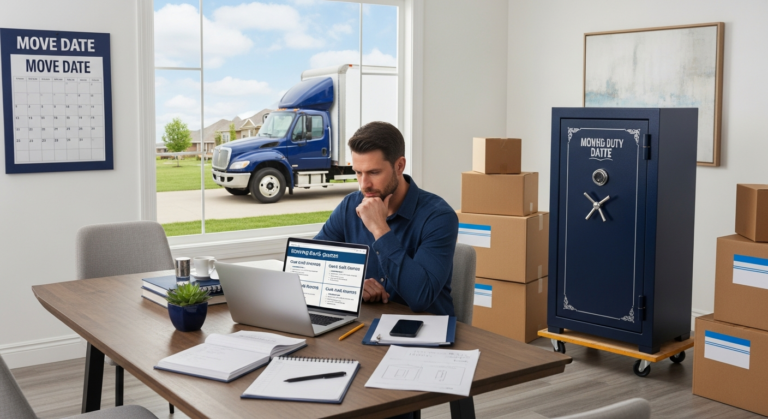 Homeowner comparing quotes online to move a large gun safe with packed boxes nearby