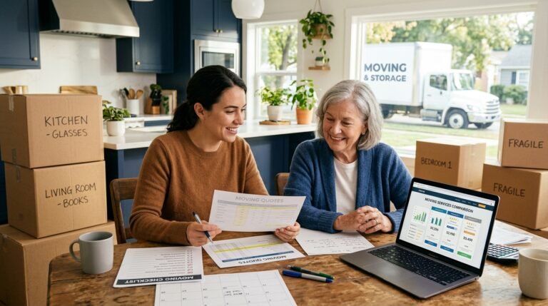 Adult daughter helping her senior mother compare moving quotes at home with packed boxes nearby