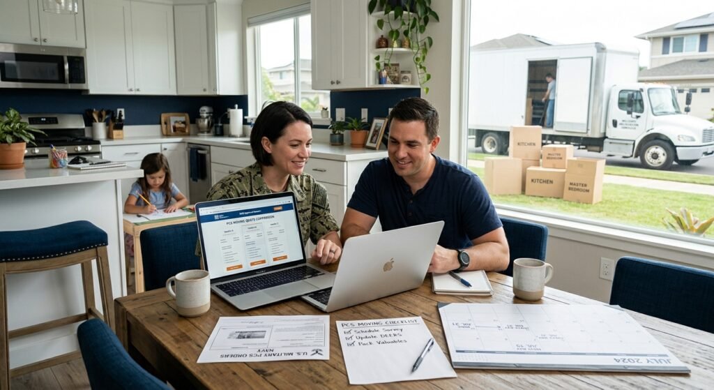 Military family comparing PCS moving quotes on a laptop with packed boxes nearby