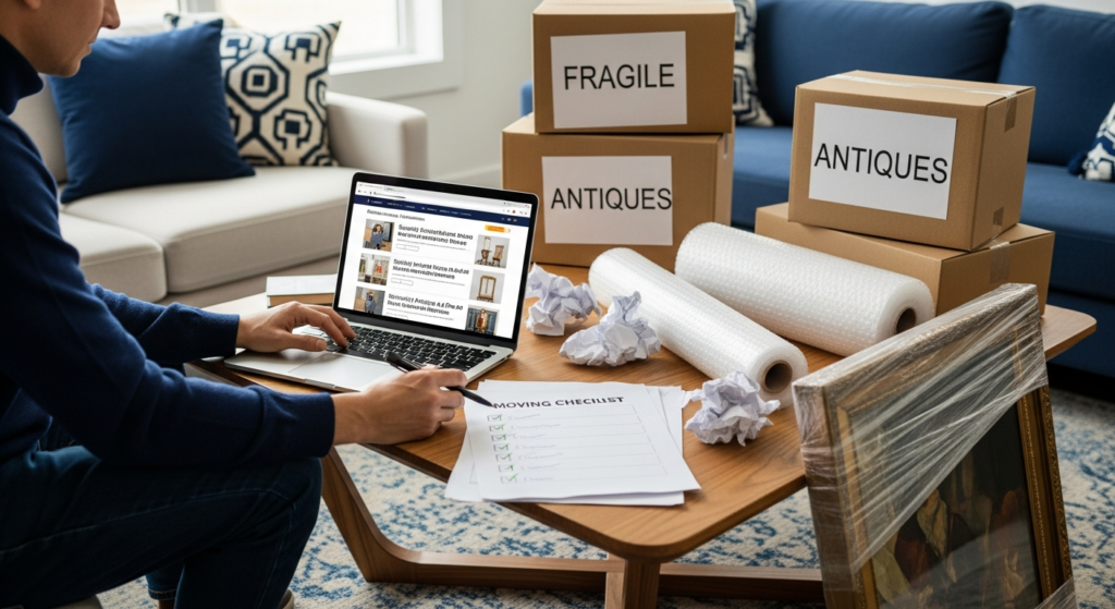 Homeowner comparing moving quotes for antiques and fine art with packed artwork and boxes nearby