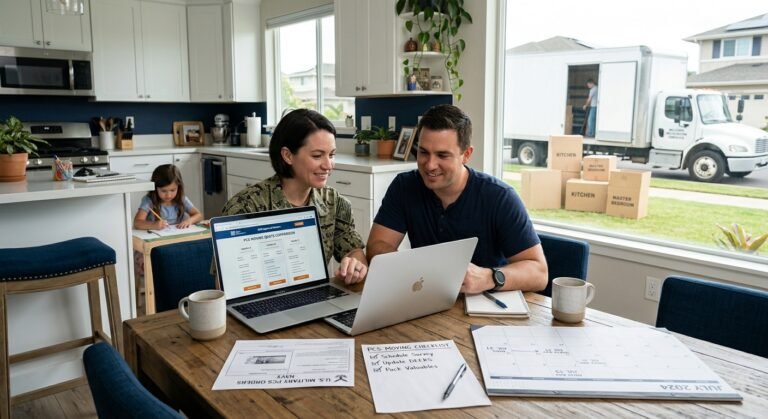 Military family comparing PCS moving quotes on a laptop with packed boxes nearby