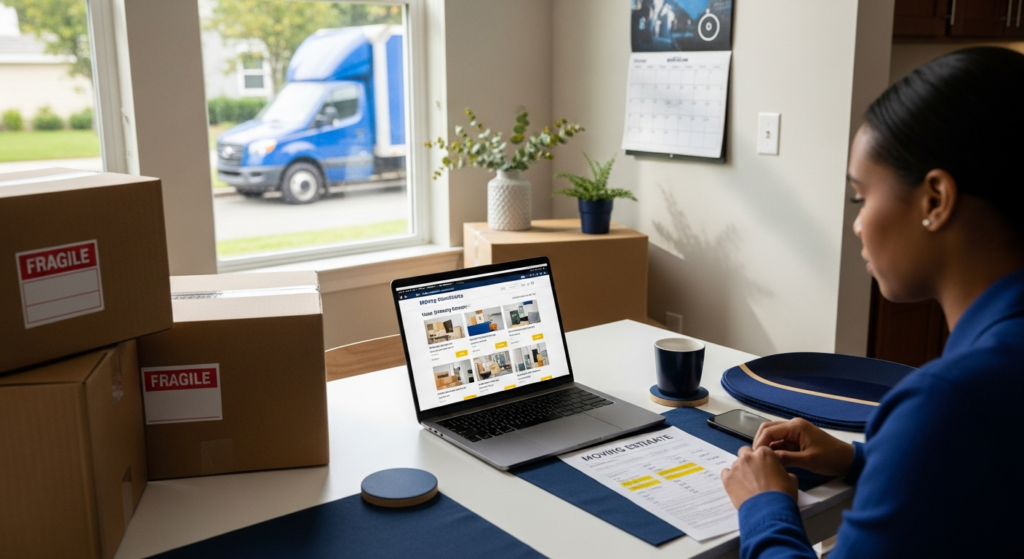 Customer reviewing moving estimates and fees on a laptop next to packed boxes