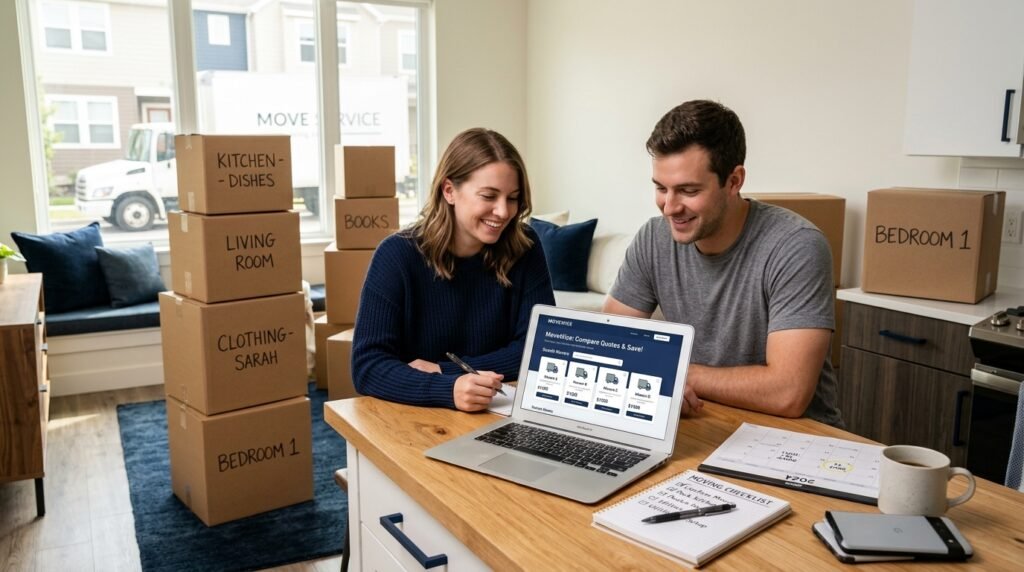 Couple comparing moving quotes on a laptop while combining two households