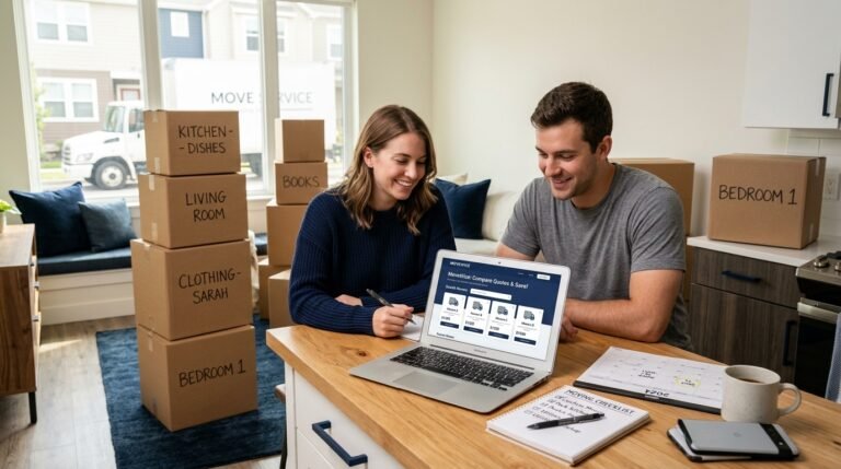 Couple comparing moving quotes on a laptop while combining two households
