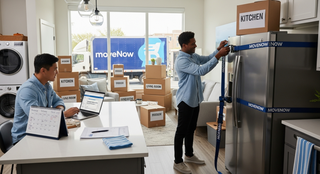 Couple comparing moving quotes while preparing to move a refrigerator and washer in their home