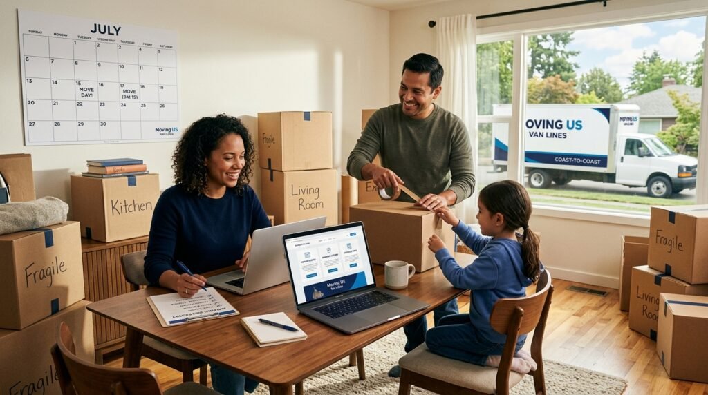 Family comparing moving insurance options and quotes on a laptop with moving boxes nearby