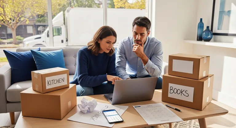 Couple comparing cross country moving company quotes on a laptop with packed boxes nearby