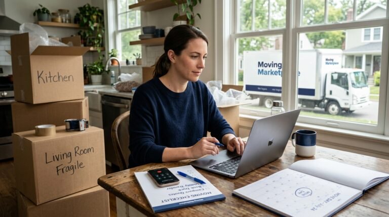 Homeowner comparing moving quotes on laptop next to packed boxes