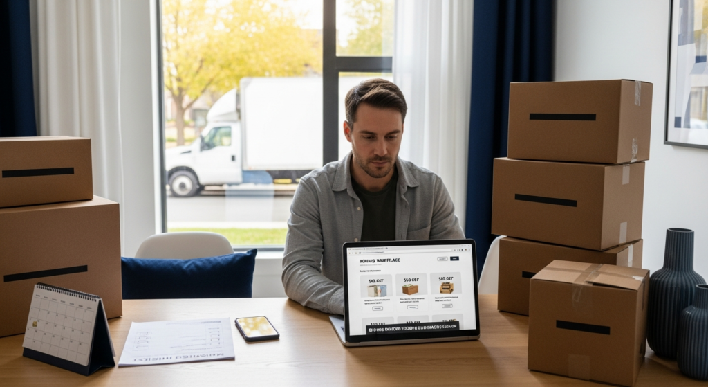 Customer reviewing moving and storage quotes on a laptop with packed boxes nearby